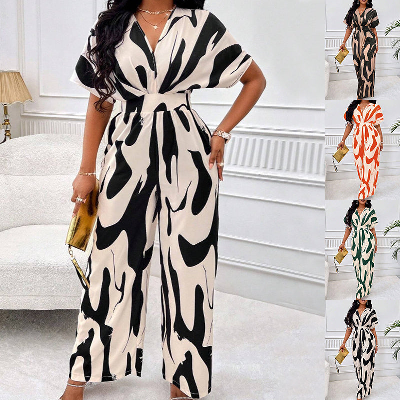 - V-neck Loose Printed Long Jumpsuit for Women - womens jumpsuit at TFC&H Co.