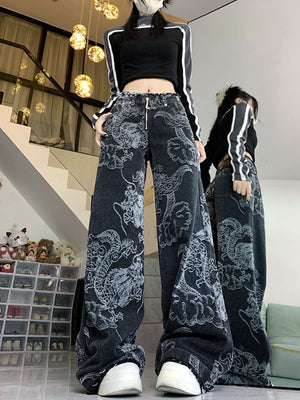 Black - Women's Dragon Print Hip Hop Jeans - womens jeans at TFC&H Co.