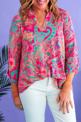 Rose 95%Polyester+5%Elastane Rose Voluptuous (+) Plus Size Paisley Print V Neck Roll Tab Sleeve Blouse - women's blouse at TFC&H Co.