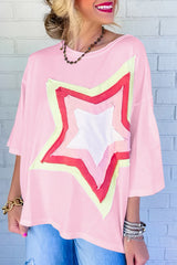 Light Pink - Star Patched Half Sleeve Oversized Tee - womens t shirt at TFC&H Co.