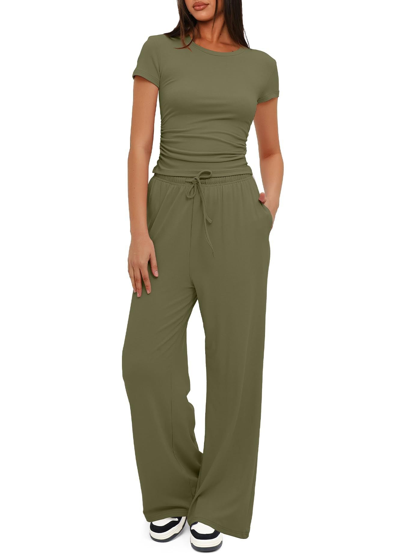 Army Green - 2pcs Solid Color Casual Sport Short-sleeved Women'sTop And High-waisted Drawstring Wide-leg Pants - womens pants set at TFC&H Co.