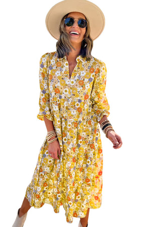 Multicolor Boho Floral Collared Long Sleeve Ruffled Dress - women's dress at TFC&H Co.