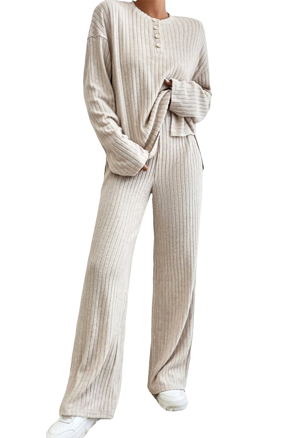Ribbed Knit V Neck Slouchy Two-piece Outfit - pants or short set various colors - women's pants set at TFC&H Co.