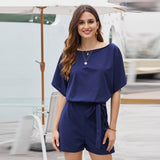 Blue - Women's Round Neck Short-sleeved Lace-up Romper - womens romper at TFC&H Co.