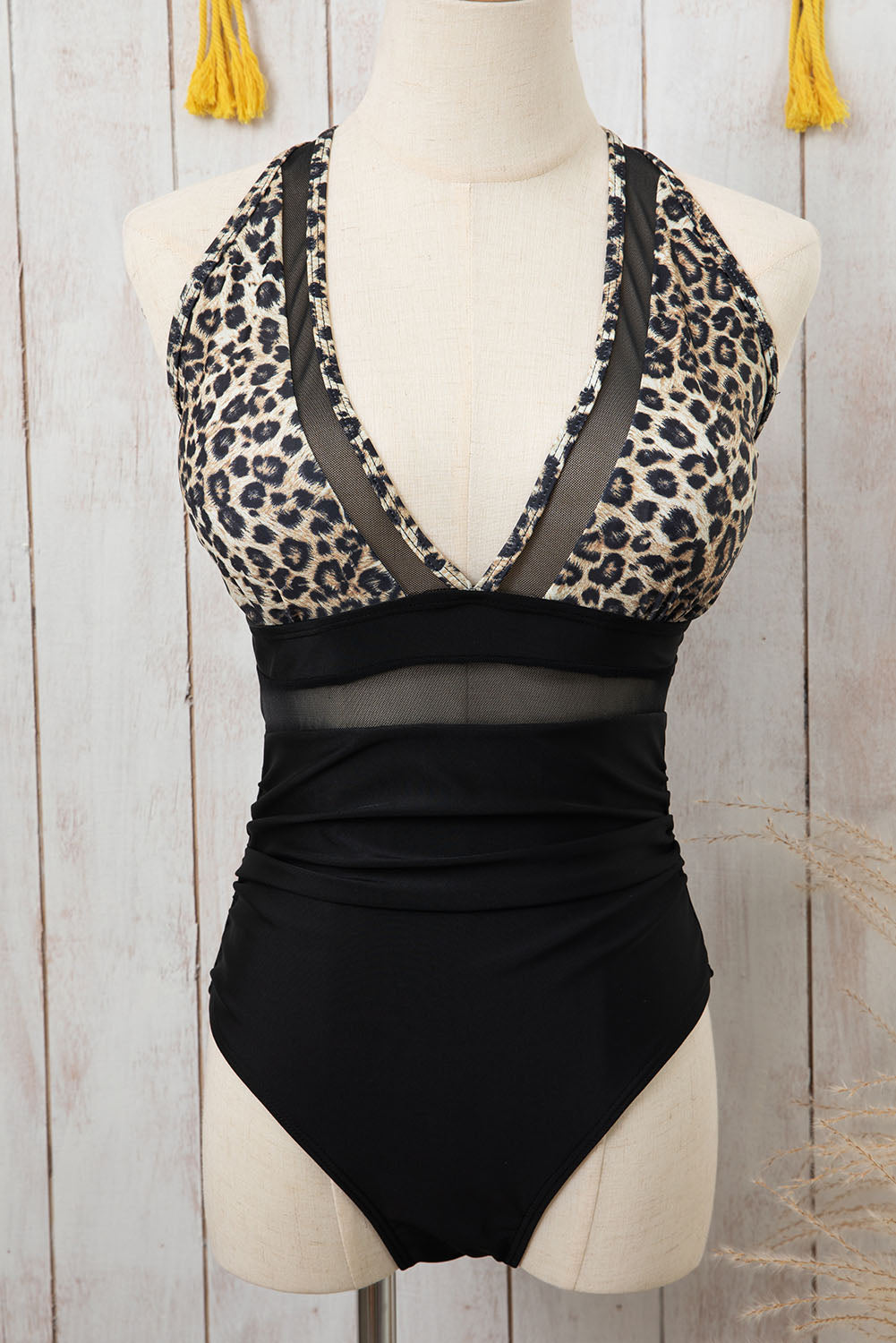 - Brown Leopard Mesh Insert V Neck High Waist Monokini - womens one piece swimsuit at TFC&H Co.