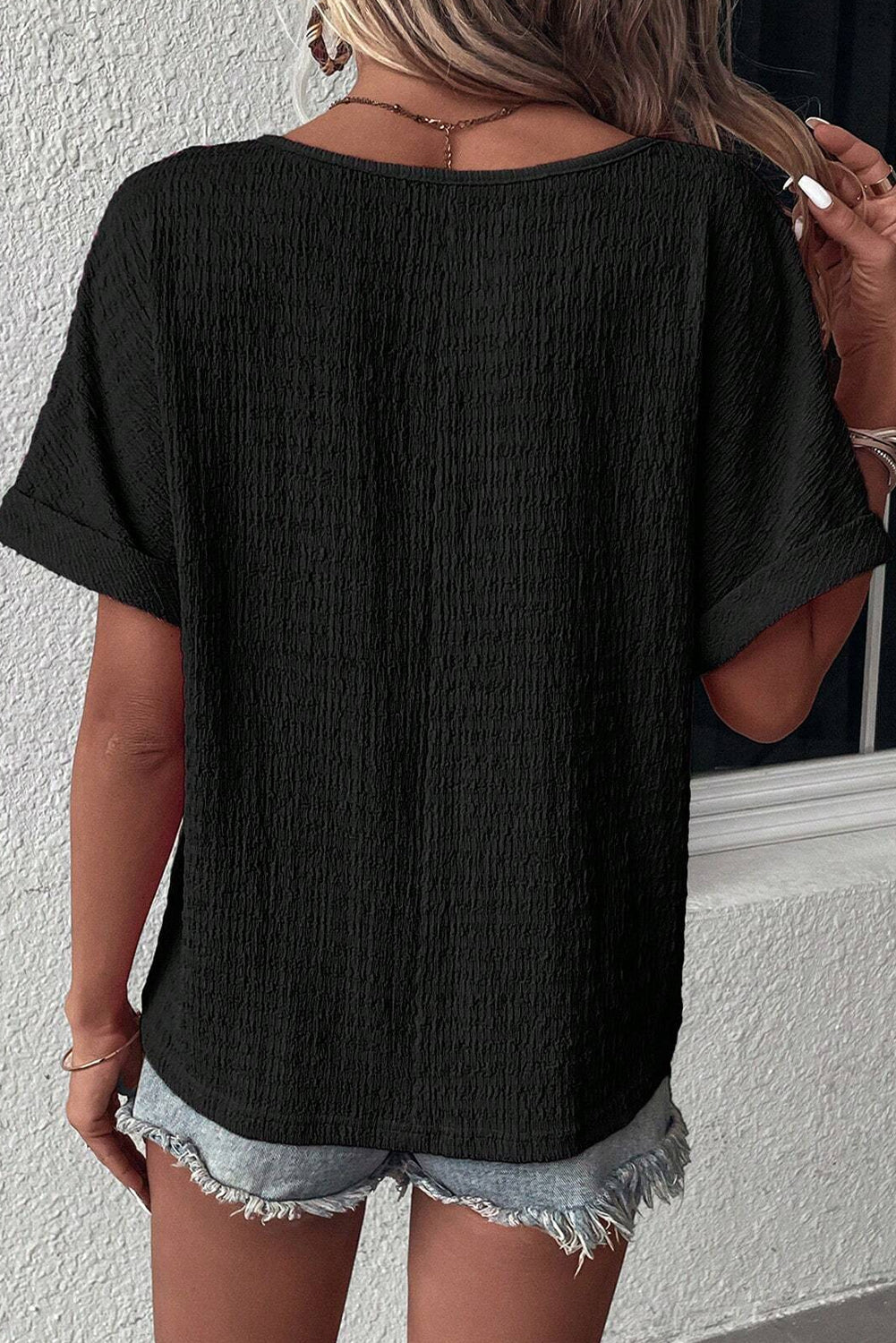 - Textured Rolled Short Sleeve V Neck Women's Blouse - womens blouse at TFC&H Co.