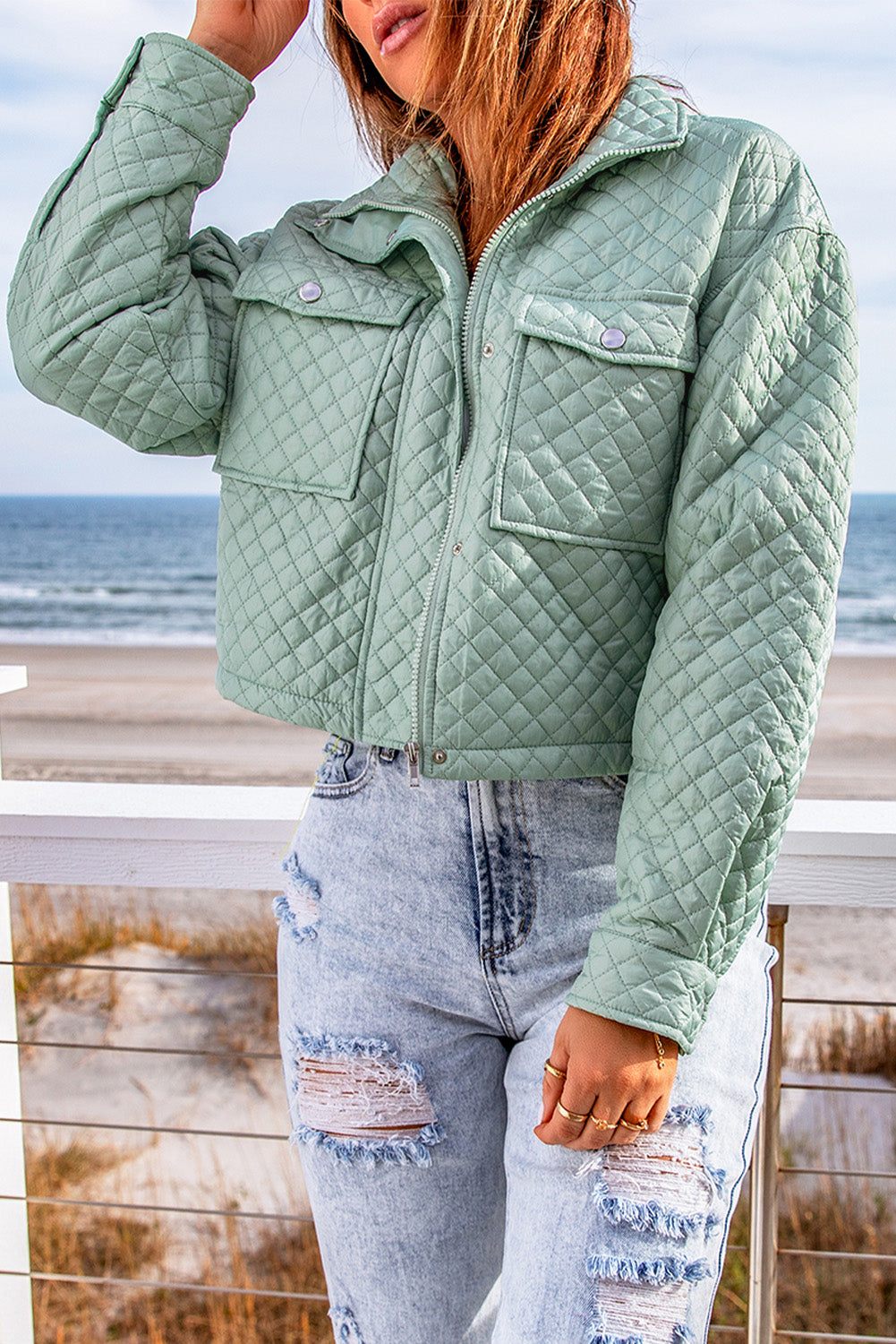 Green 95%Polyester+5%Elastane - Quilted Pocketed Zip-up Cropped Jacket - 2 colors - womens jacket at TFC&H Co.