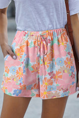 Pink 100%Polyester - Pink Floral Print Side Pockets Drawstring Casual Shorts - womens shorts at TFC&H Co.