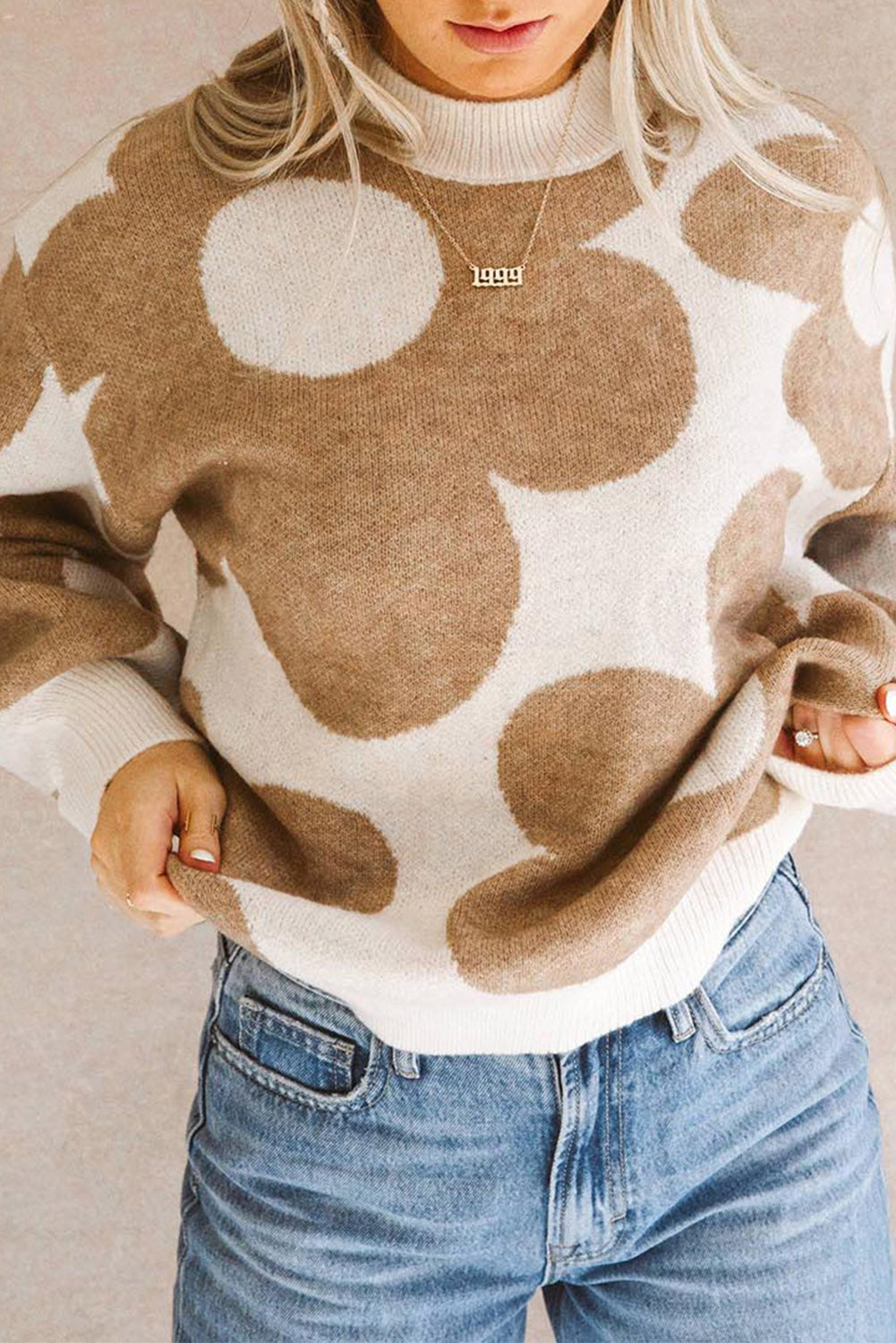 Khaki - Khaki Floral Pattern Ribbed Trim Pullover Sweater - Sweaters at TFC&H Co.