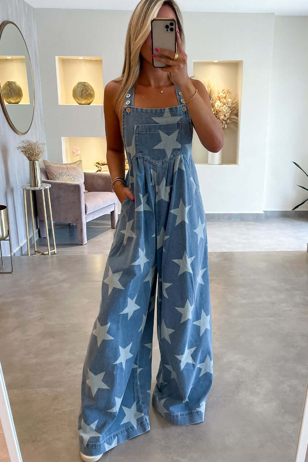 - Star Print Buttoned Strap Pleat Wide Leg Denim Overall - womens overalls at TFC&H Co.