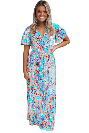 - Bohemian Abstract Print Wrap V Neck Color Block Maxi Dress - Maxi Dresses at TFC&H Co.