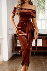 Chestnut 95%Polyester+5%Elastane Velvet Off Shoulder Pleated Wrap Evening Dress - women's dress at TFC&H Co.