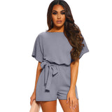 LC64515 Gray - Women's Round Neck Short-sleeved Lace-up Romper - womens romper at TFC&H Co.