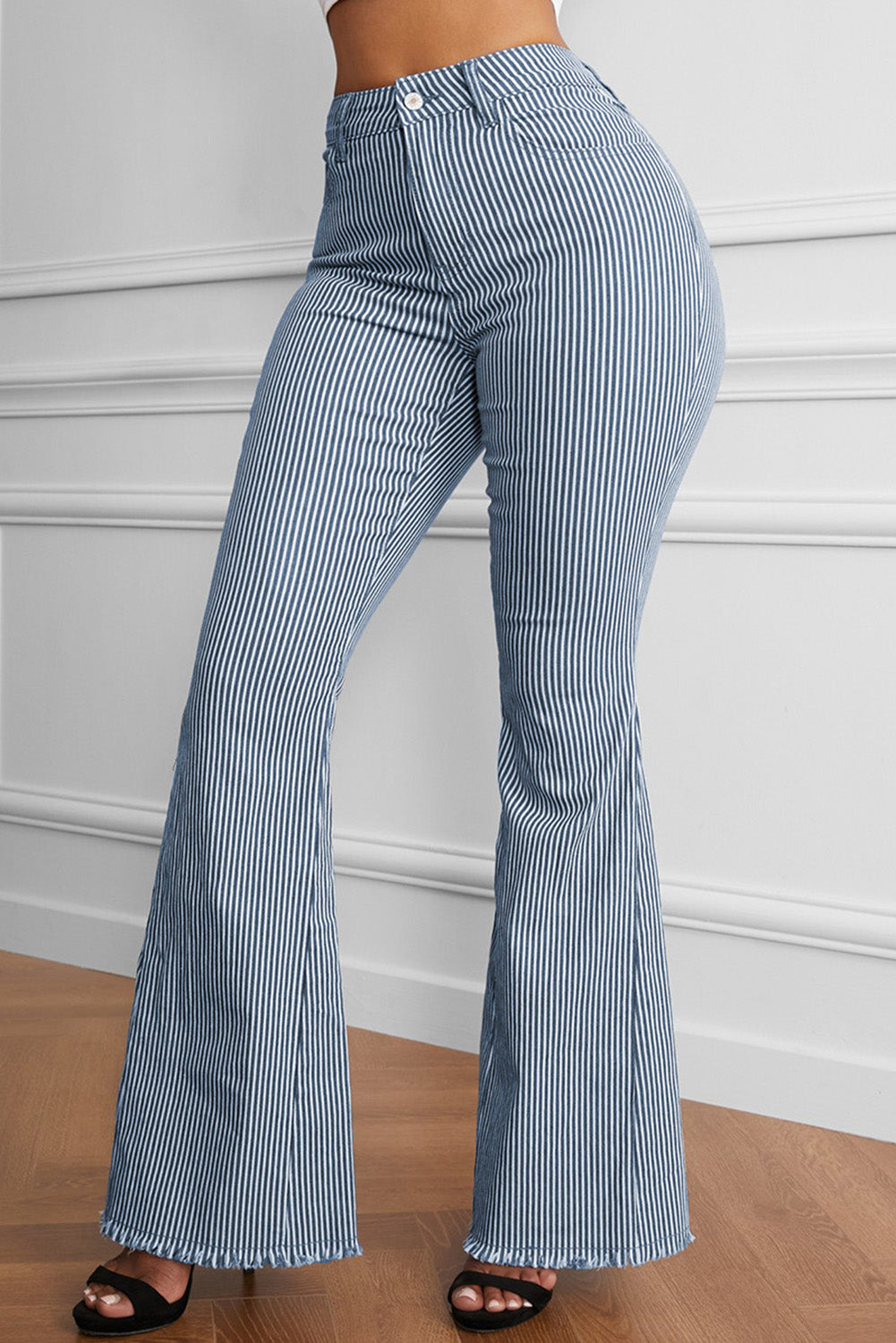 - Light Blue Stripe Casual Mid Waist Women's Bell Bottom Jeans - womens jeans at TFC&H Co.