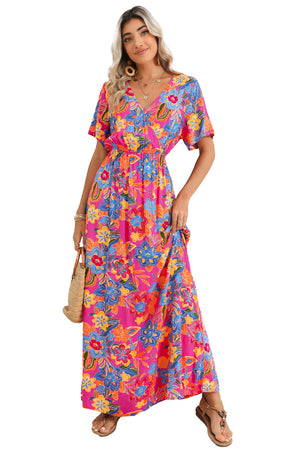 - Bohemian Abstract Print Wrap V Neck Color Block Maxi Dress - Maxi Dresses at TFC&H Co.