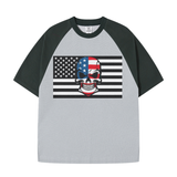GRAY Skull Flag Heavyweight Color Block Loose-Fit Waffle Stitch Fabric T-Shirt - men's t-shirt at TFC&H Co.
