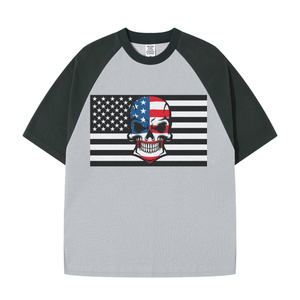 GRAY - Skull Flag Heavyweight Color Block Loose-Fit Waffle Stitch Fabric T-Shirt - mens t-shirt at TFC&H Co.