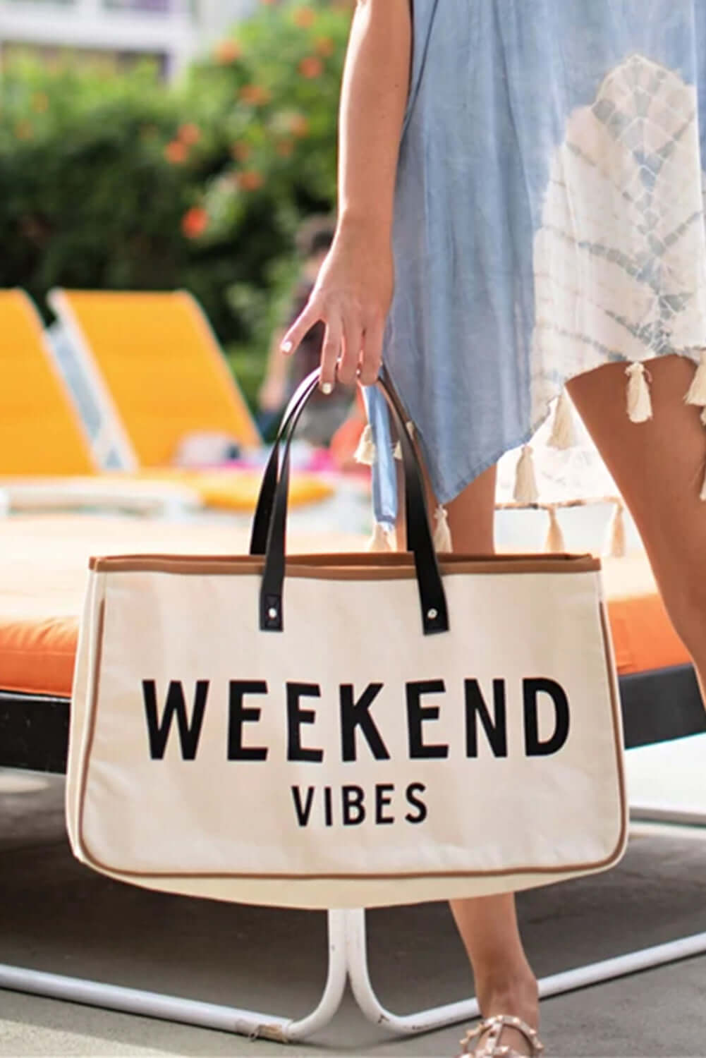 White ONE SIZE - White WEEKEND VIBES Canvas Tote Beach Bag - tote bag at TFC&H Co.