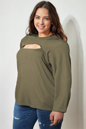 Green Plus Size Ribbed Mock Neck Peek-A-Boo Cut Out Top - women's shirt at TFC&H Co.