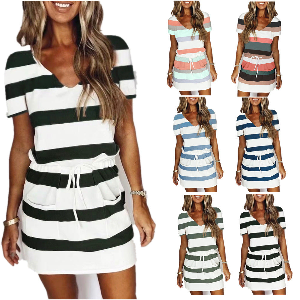 - Striped Short-sleeved Women's Summer Dress - womens dress at TFC&H Co.