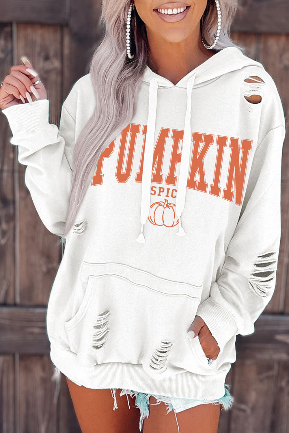 White 62.7%Polyester+37.3%Cotton - White PUMPKIN SPICE Distressed Hoodie - womens hoodie at TFC&H Co.