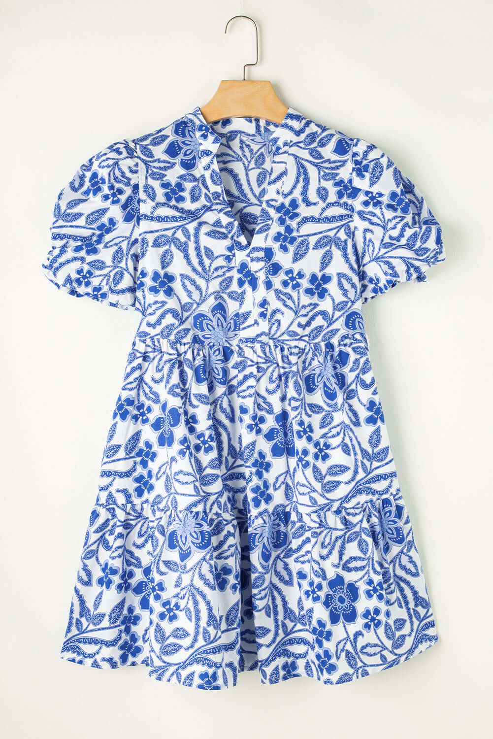 - Blue Flower Print Puff Sleeve Tiered Dress for Women - womens dress at TFC&H Co.