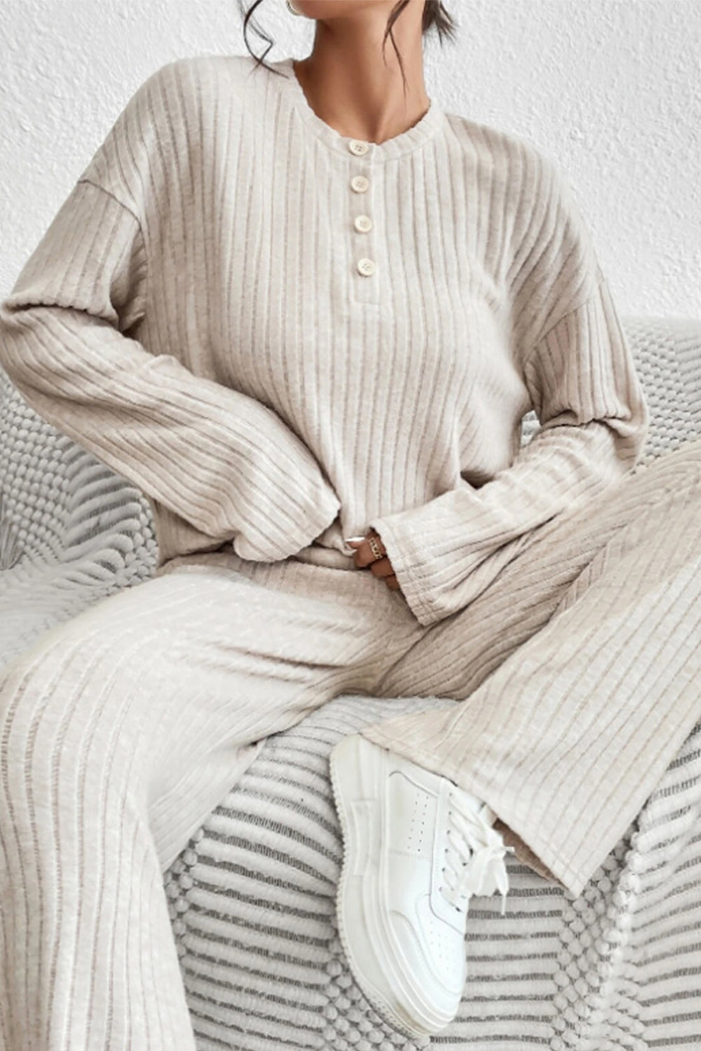 - Ribbed Knit V Neck Slouchy Two-piece Outfit - pants or short set various colors - women's pants set at TFC&H Co.