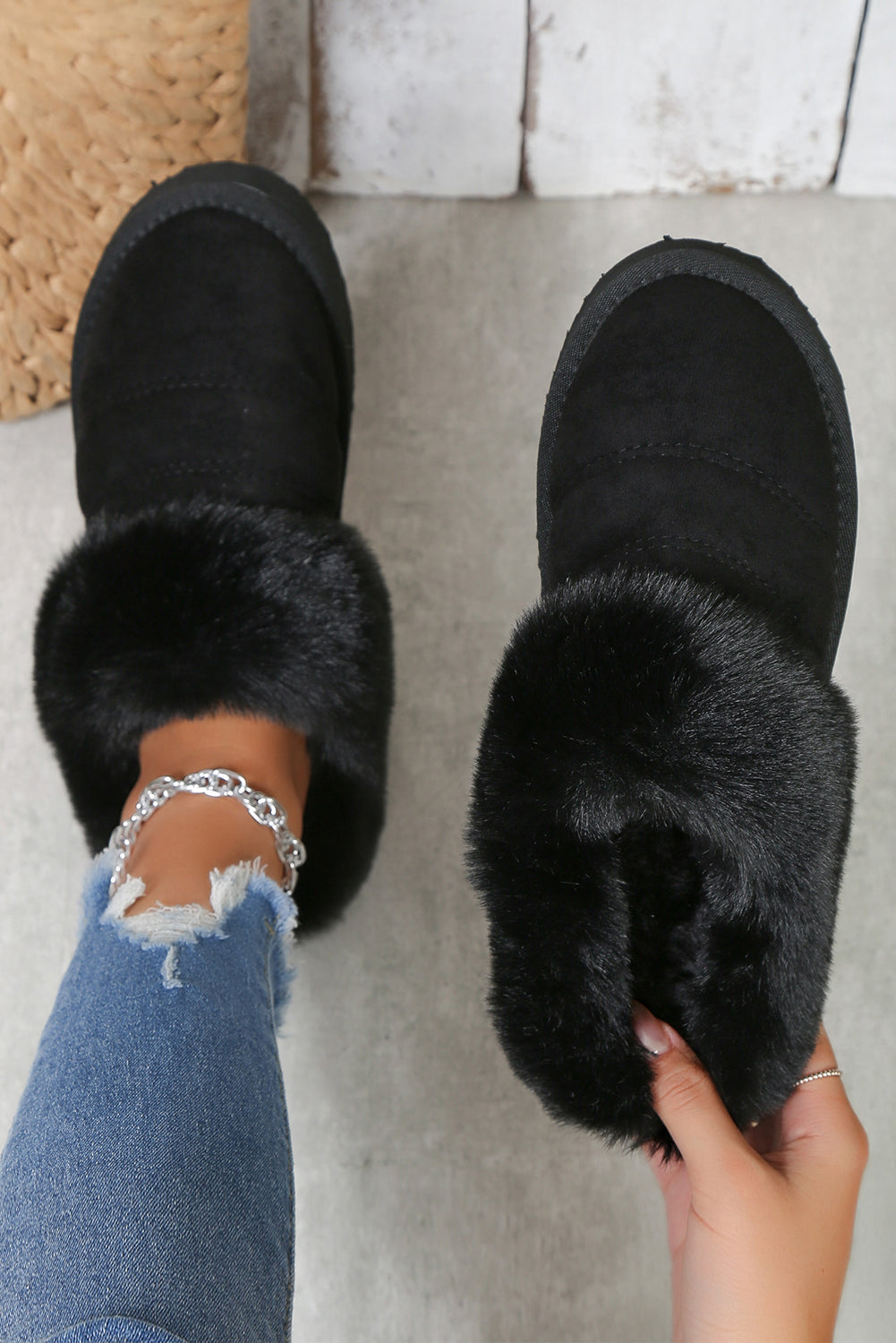 Black Plush Suede Patchwork Thick Sole Slippers - 2 colors - women's slippers at TFC&H Co.