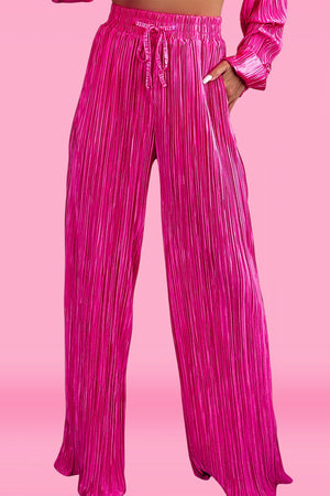Pleated Long Sleeve Shirt and Wide-Leg Sets - women's pants set at TFC&H Co.