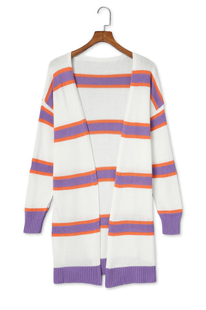 Striped Long Sleeve Ribbed Trim Button Cardigan - women's cardigans at TFC&H Co.