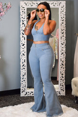 Blue - Frosted Washed Denim Pants Outfit Set - womens pants set at TFC&H Co.
