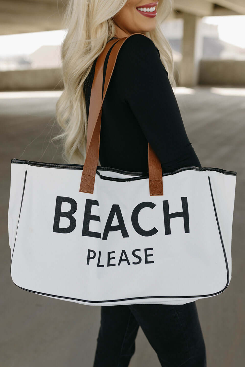 Bright White ONE SIZE 100%Polyester - BEACH PLEASE Print Large Tote Beach Bag - beach bag at TFC&H Co.