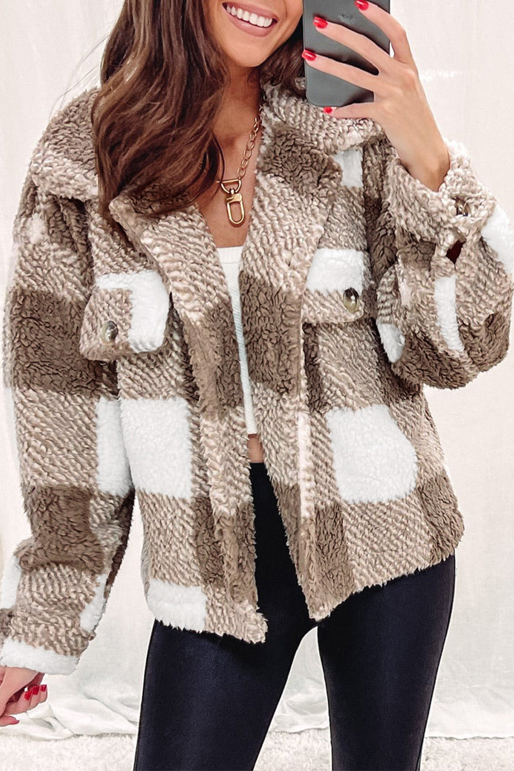 Khaki 100%Polyester - Khaki Plaid Sherpa Buttoned Flap Pocket Shacket - womens jacket at TFC&H Co.