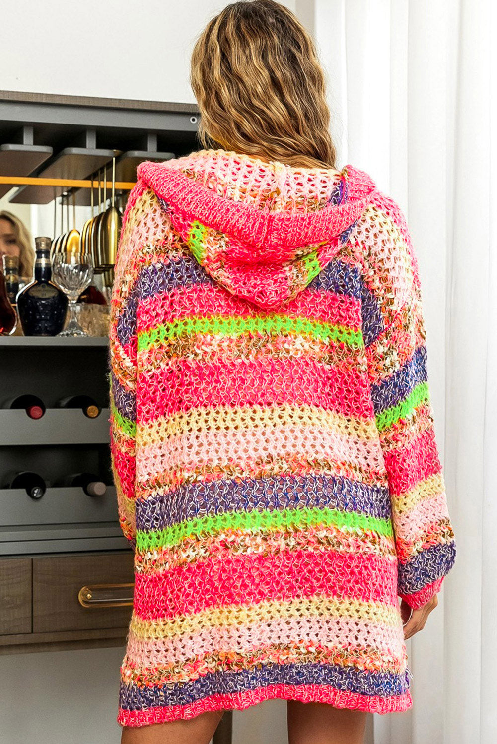 Rose Striped Knitted Hooded Open Front Cardigan - women's cardigan at TFC&H Co.