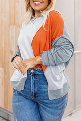 Burnt Orange 65%Polyester+30%Cotton+5%Elastane Colorblock Stitching Irregular Hem Long Sleeve Top - women's shirt at TFC&H Co.