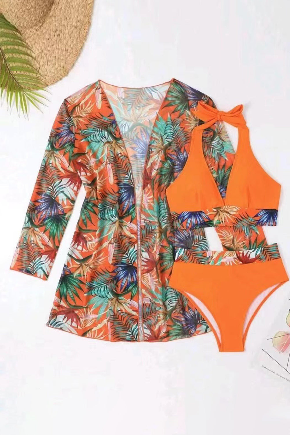 - Carrot 3pcs Tropical Contrast Trim Halter Bikini Set with Cover up - womens bikini set at TFC&H Co.