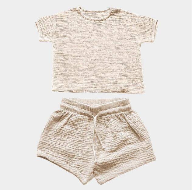 Off white - Summer Girls' 100% Cotton Loose Two Piece Shorts Outfit Set - girls short set at TFC&H Co.