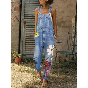 Light Blue - Flower Printed Washed Denim Overalls - womens overalls at TFC&H Co.