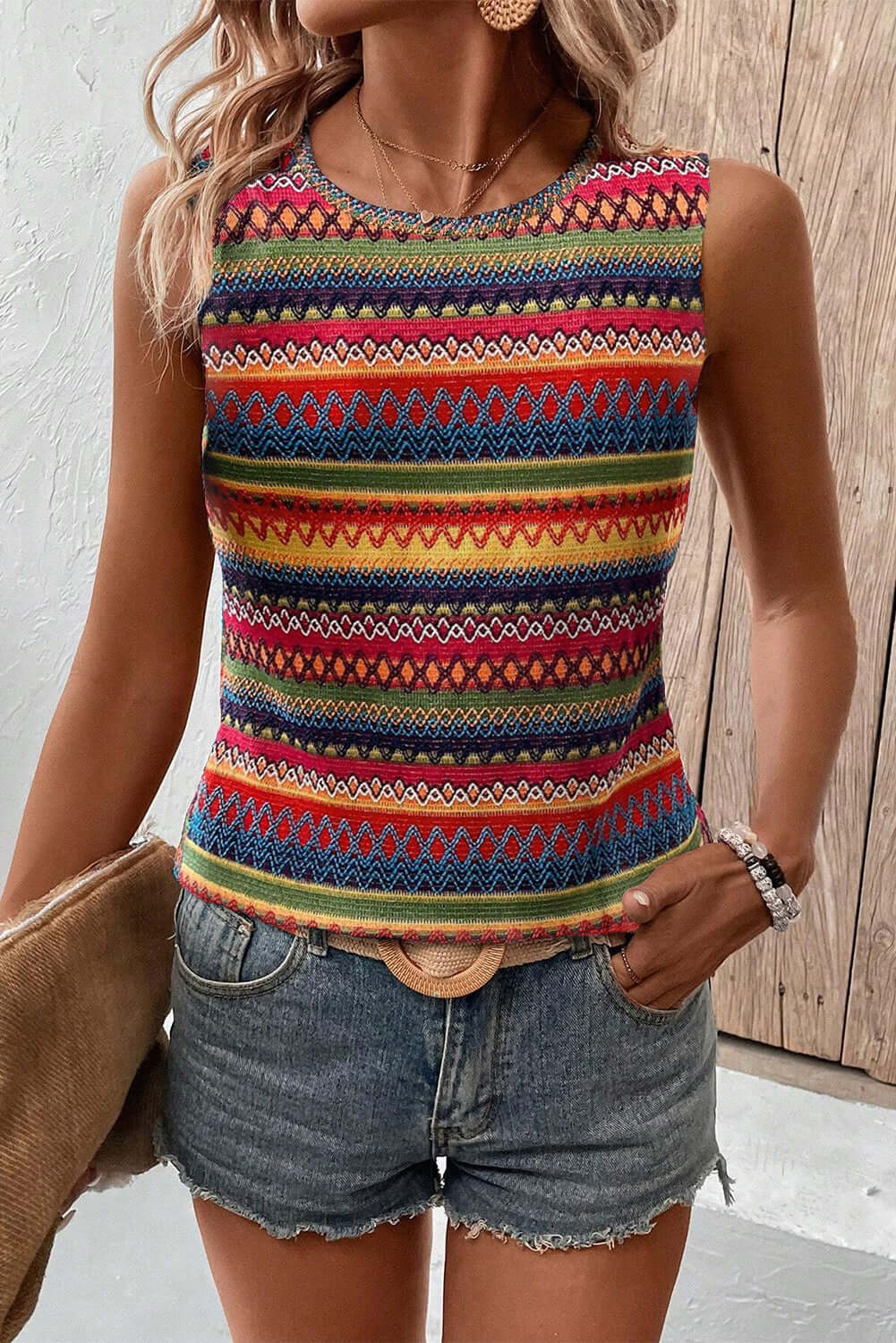 95%Polyester+5%Elastane - Ethnic Wavy Pattern Round Neck Women's Tank Top - womens tank top at TFC&H Co.