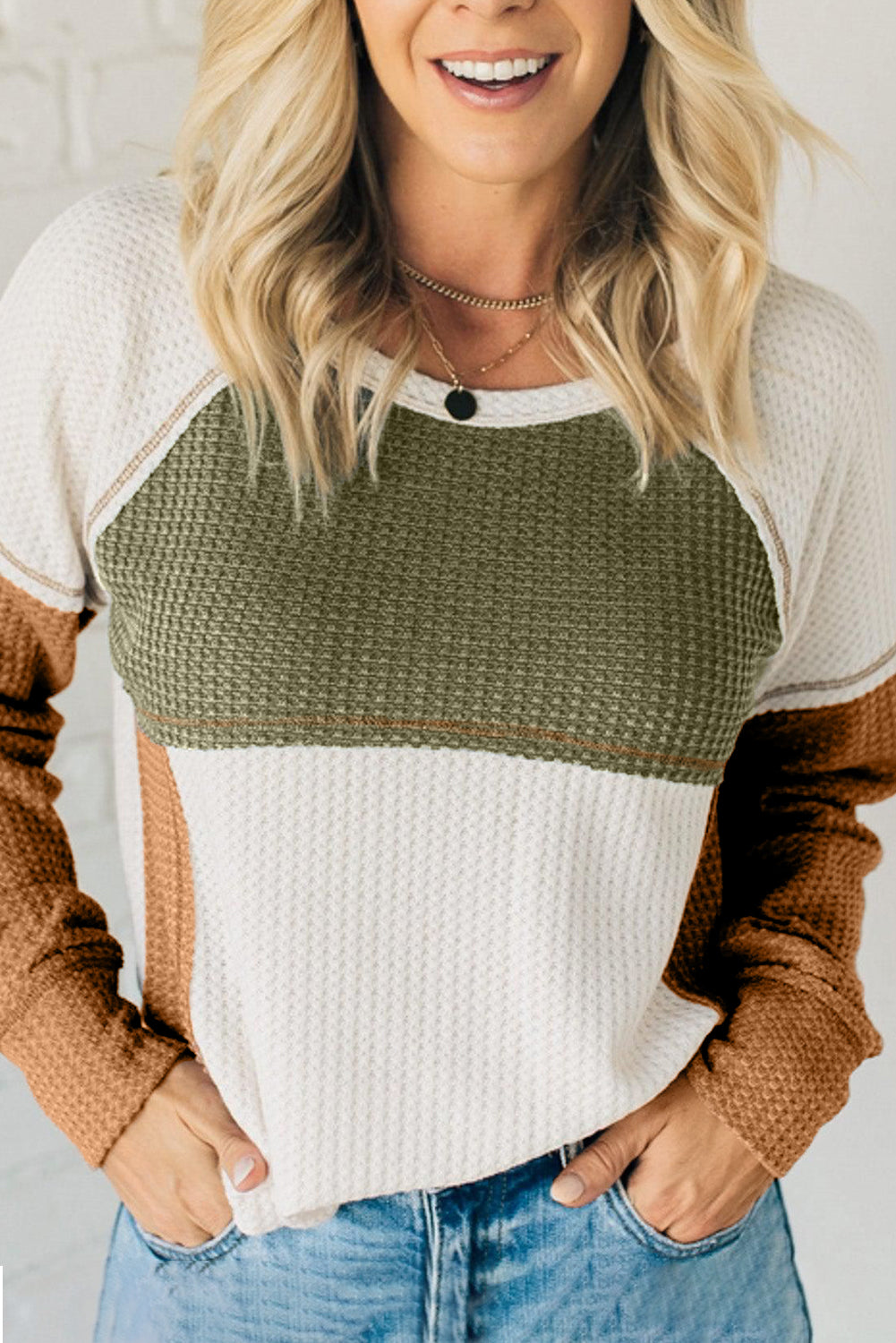 Green Color Block Exposed Seam Women's Waffle Knit Long Sleeve Top - women's shirt at TFC&H Co.