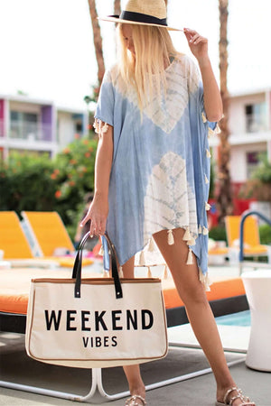 - White WEEKEND VIBES Canvas Tote Beach Bag - tote bag at TFC&H Co.