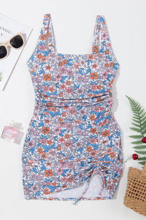 - Drawstring Ruched Floral Swim Dress - womens swim dress at TFC&H Co.