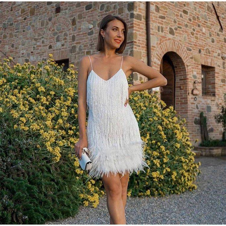 white - Fringe Sequins Sexy Feather V-neck Halter Party Dress for Women - womens dress at TFC&H Co.