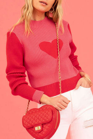 Fiery Red 100%Polyester Mock Neck Colorblock Valentine Heart Ribbed Sweater - women's sweater at TFC&H Co.