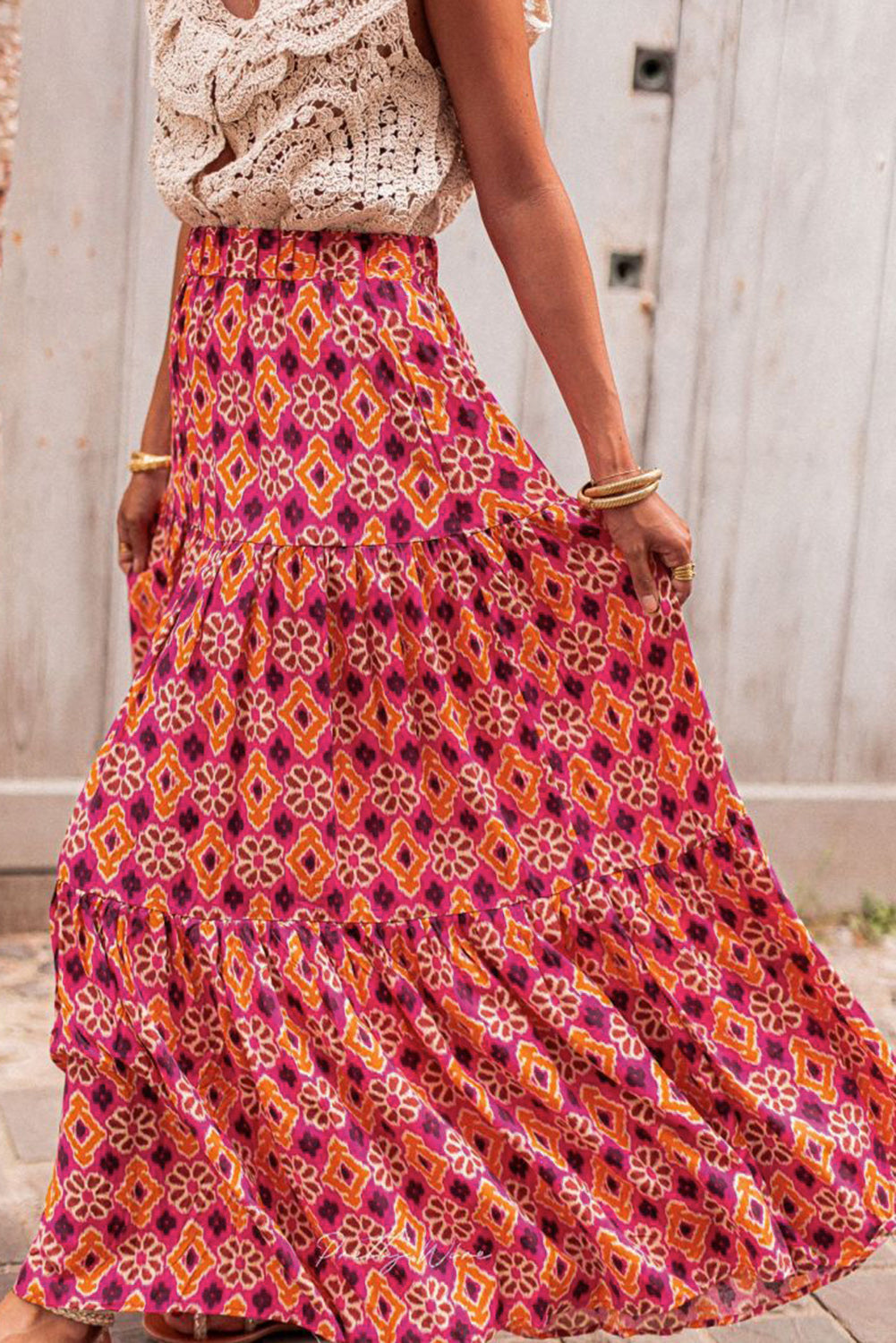 Rose 100%Viscose Rose Vintage Boho Floral Print Tiered Maxi Skirt - women's skirt at TFC&H Co.