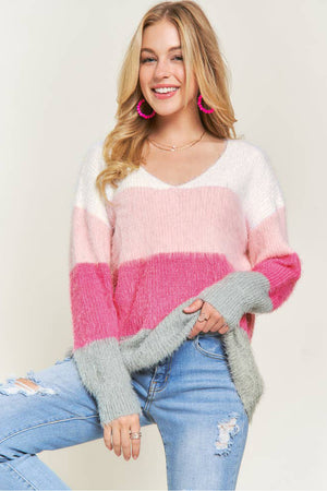 Striped Color Block Fuzzy V Neck Sweater - women's sweater at TFC&H Co.