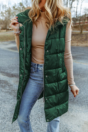 Green 100%Polyamide Hooded Long Quilted Vest Coat - 4 colors - women's coat at TFC&H Co.