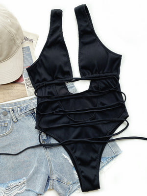 - Ribbed Lace Up One-Piece Swimsuit - womens one piece swimsuit at TFC&H Co.