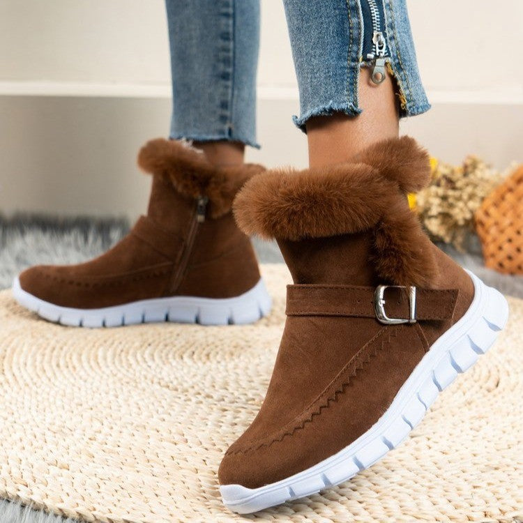 Dark Brown Winter Warm Thickened Solid Color Plush Women's Ankle Boots With Buckle - 4 colors - women's boots at TFC&H Co.
