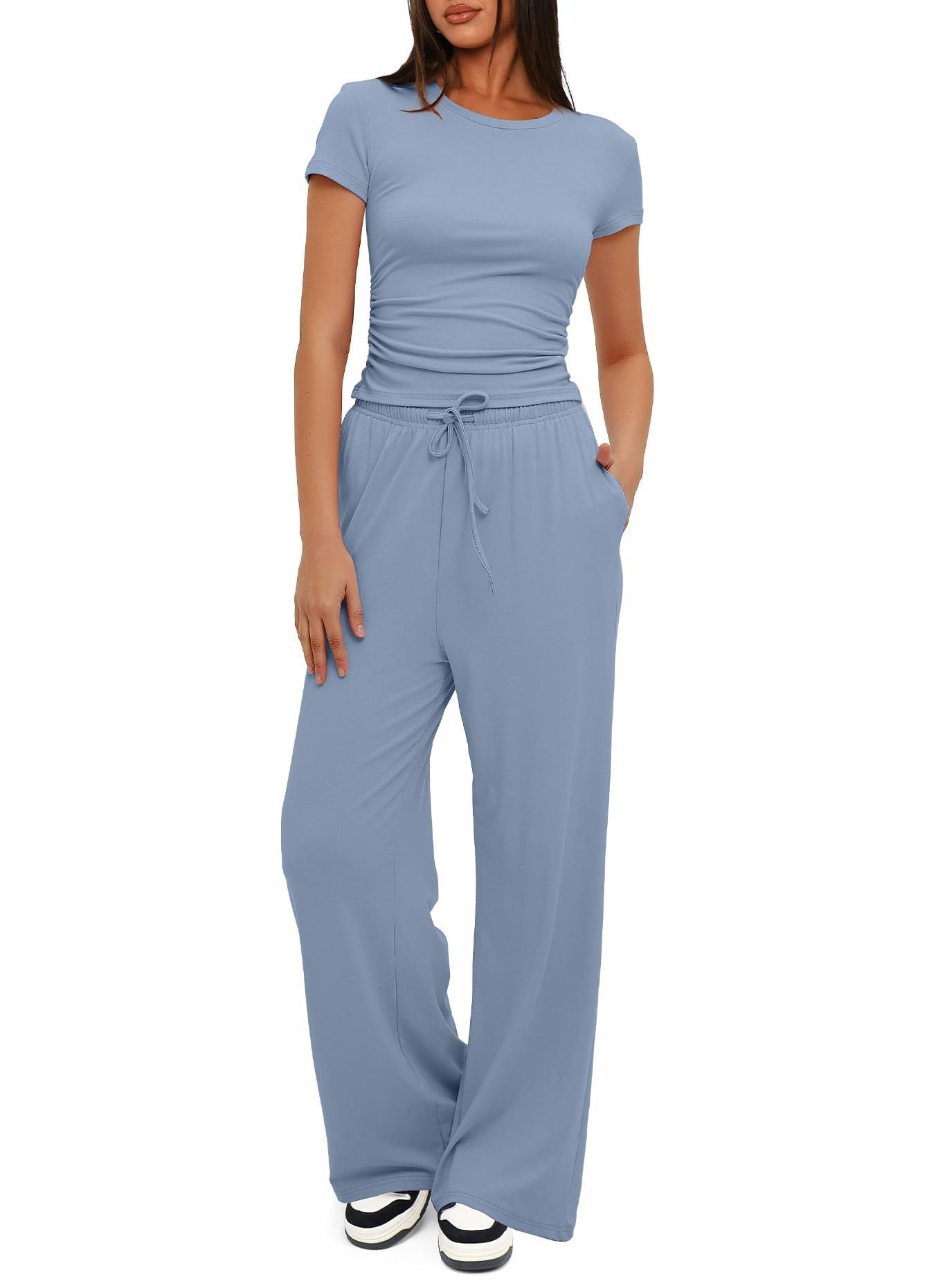 Blue - 2pcs Solid Color Casual Sport Short-sleeved Women'sTop And High-waisted Drawstring Wide-leg Pants - womens pants set at TFC&H Co.